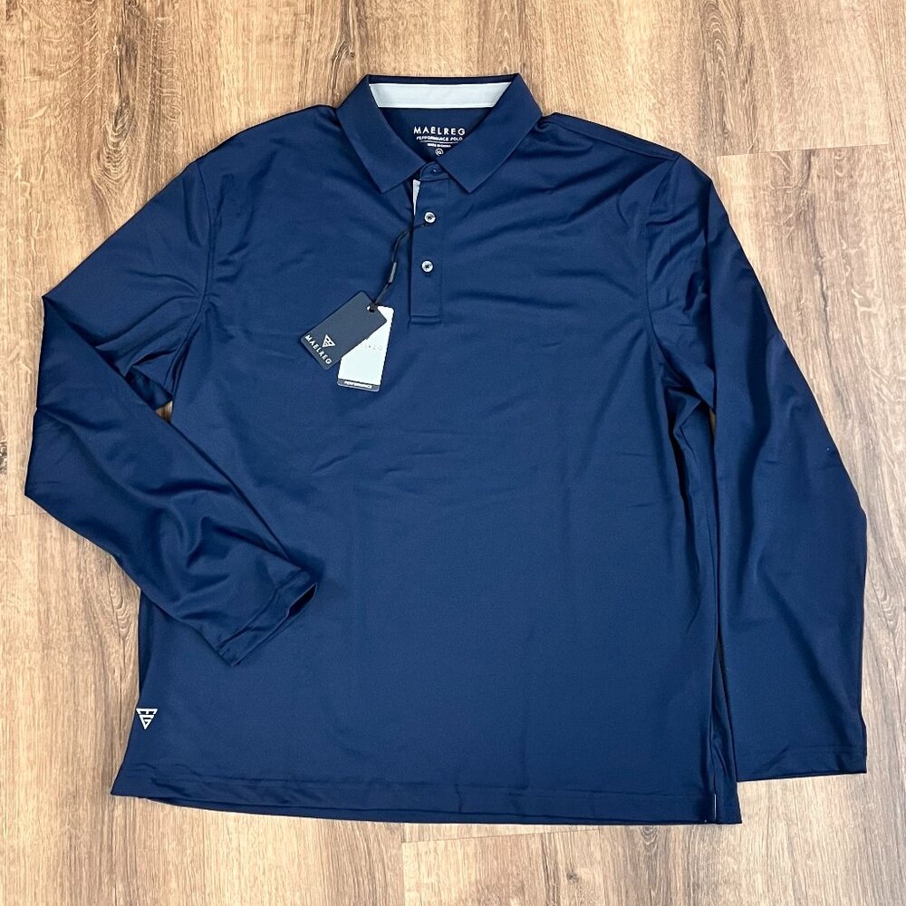 NEW Maelreg Men's Navy Blue Long Sleeve Performance Polo Shirt Golf Size XL